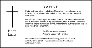 Traueranzeige von Horst Lasar von WVW Anzeigenblätter