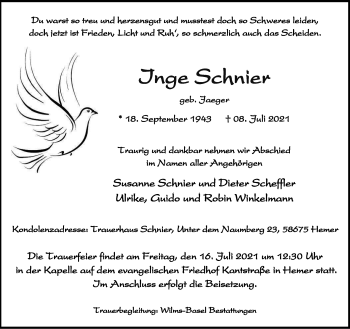 Traueranzeige von Inge Schnier von WVW Anzeigenblätter