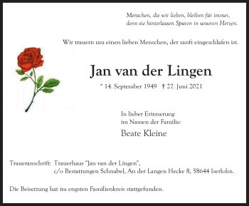 Traueranzeige von Jan van der Lingen von WVW Anzeigenblätter