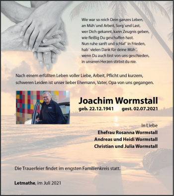 Traueranzeige von Joachim Wormstall von WVW Anzeigenblätter