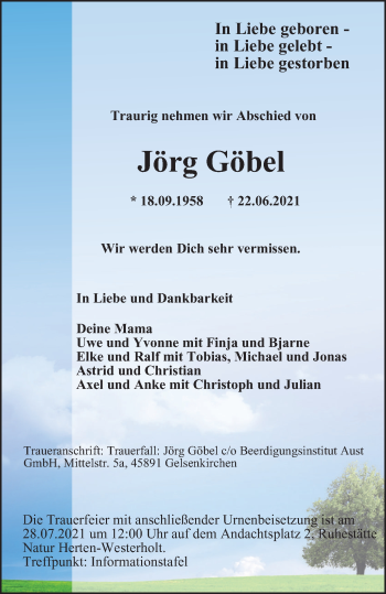 Traueranzeige von Jörg Göbel von WVW Anzeigenblätter