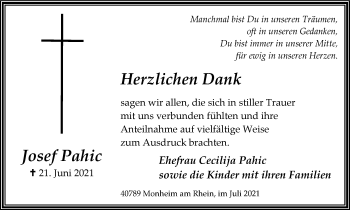Traueranzeige von Josef Pahic von WVW Anzeigenblätter