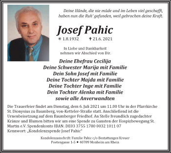 Traueranzeige von Josef Pahic von WVW Anzeigenblätter