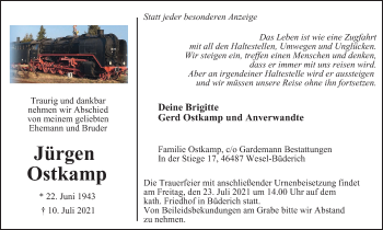 Traueranzeige von Jürgen Ostkamp von WVW Anzeigenblätter