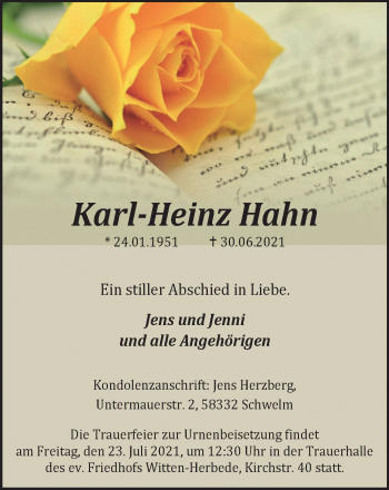 Traueranzeige von Karl-Heinz Hahn von WVW Anzeigenblätter