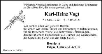 Traueranzeige von Karl-Heinz Vogt von WVW Anzeigenblätter