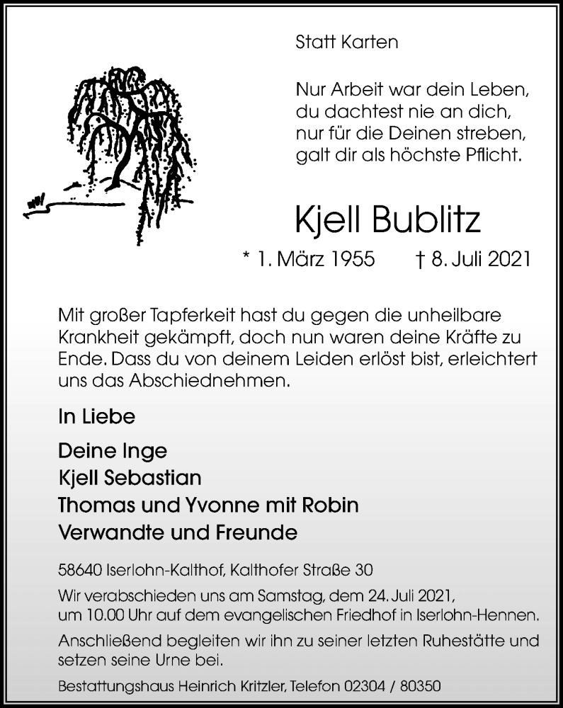  Traueranzeige für Kjell Bublitz vom 17.07.2021 aus WVW Anzeigenblätter