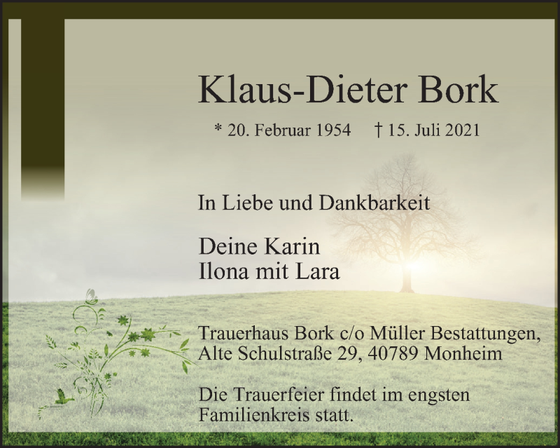  Traueranzeige für Klaus-Dieter Bork vom 17.07.2021 aus WVW Anzeigenblätter