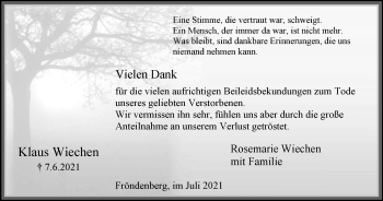 Traueranzeige von Klaus Wiechen von WVW Anzeigenblätter