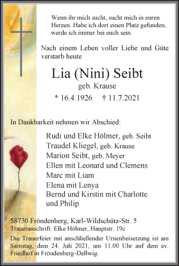 Traueranzeige von Lia Seibt von WVW Anzeigenblätter