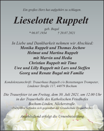 Traueranzeige von Lieselotte Ruppelt von WVW Anzeigenblätter