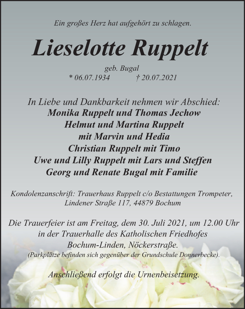  Traueranzeige für Lieselotte Ruppelt vom 28.07.2021 aus WVW Anzeigenblätter