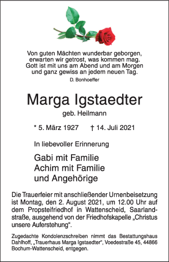 Traueranzeige von Marga Igstaedter von WVW Anzeigenblätter