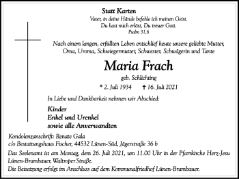 Traueranzeige von Maria Frach von WVW Anzeigenblätter