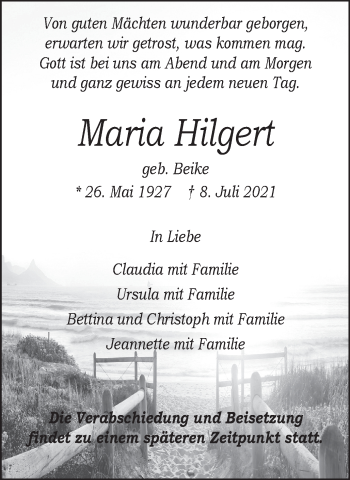 Traueranzeige von Maria Hilgert von WVW Anzeigenblätter