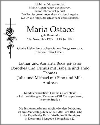 Traueranzeige von Maria Ostace von WVW Anzeigenblätter
