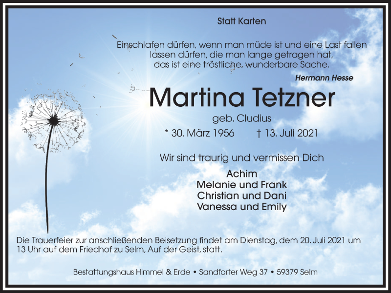  Traueranzeige für Martina Tetzner vom 17.07.2021 aus WVW Anzeigenblätter