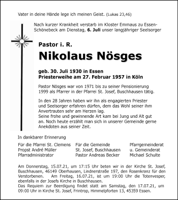 Traueranzeige von Nikolaus Nösges von WVW Anzeigenblätter