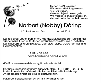 Traueranzeige von Norbert  Döring von WVW Anzeigenblätter