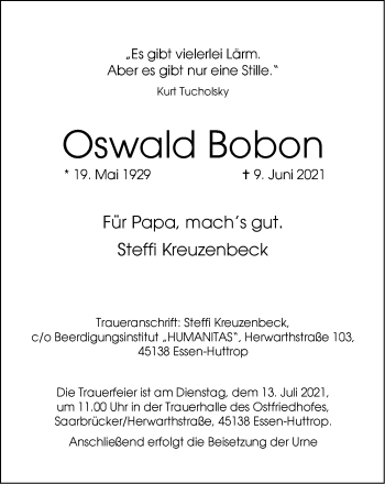 Traueranzeige von Oswald Bobon von WVW Anzeigenblätter