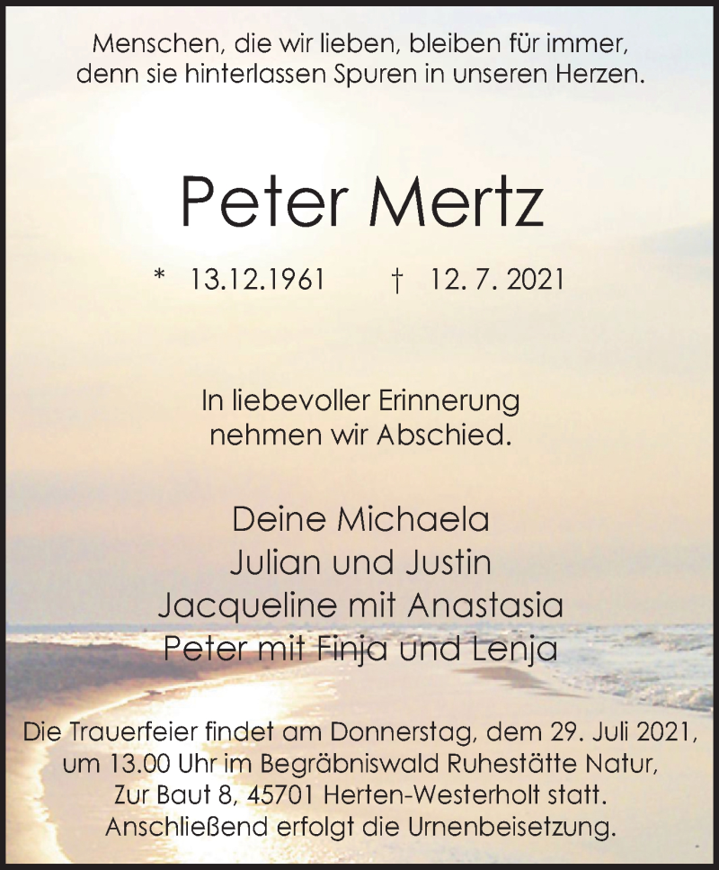  Traueranzeige für Peter Mertz vom 24.07.2021 aus WVW Anzeigenblätter