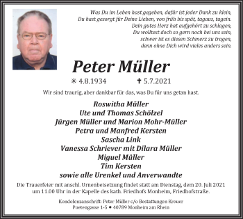 Traueranzeige von Peter Müller von WVW Anzeigenblätter