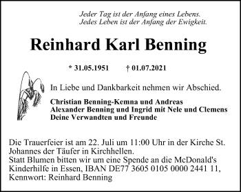 Traueranzeige von Reinhard Karl Benning von WVW Anzeigenblätter