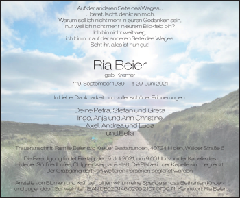 Traueranzeige von Ria Beier von WVW Anzeigenblätter