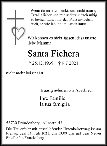 Traueranzeige von Santa Fichera von WVW Anzeigenblätter