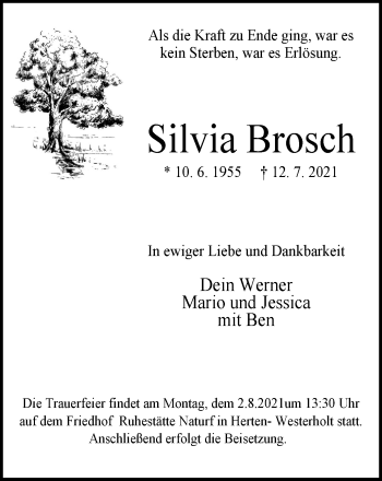 Traueranzeige von Silvia Brosch von WVW Anzeigenblätter