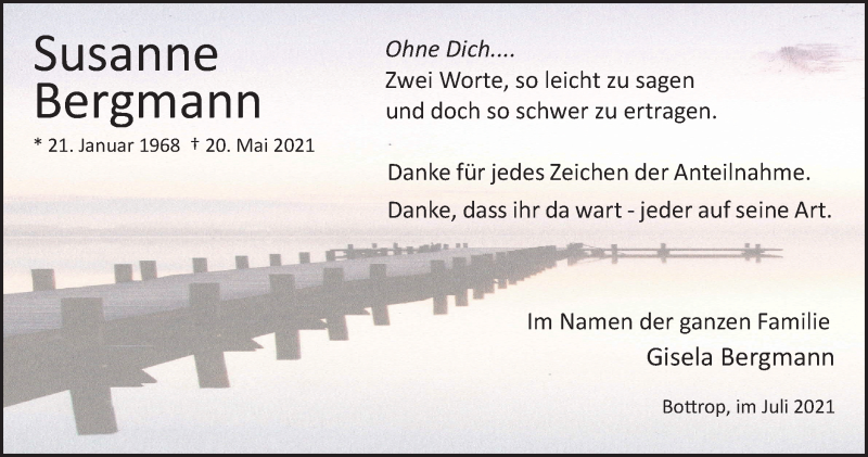  Traueranzeige für Susanne Bergmann vom 03.07.2021 aus WVW Anzeigenblätter