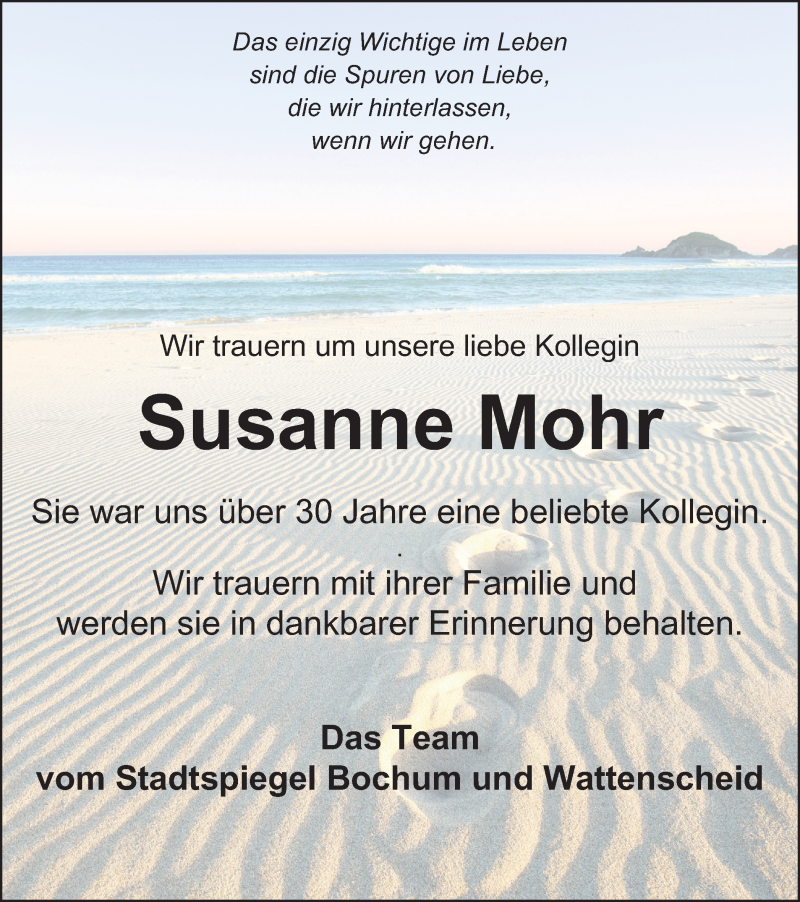  Traueranzeige für Susanne Mohr vom 31.07.2021 aus WVW Anzeigenblätter