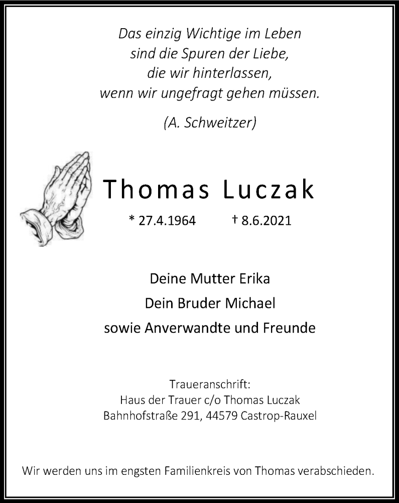  Traueranzeige für Thomas Luczak vom 17.07.2021 aus WVW Anzeigenblätter
