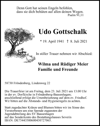 Traueranzeige von Udo Gottschalk von WVW Anzeigenblätter
