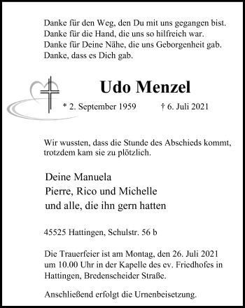 Traueranzeige von Udo Menzel von WVW Anzeigenblätter