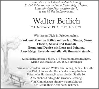 Traueranzeige von Walter Beilich von WVW Anzeigenblätter
