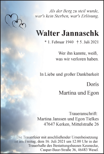Traueranzeige von Walter Jannaschk von WVW Anzeigenblätter