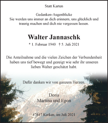 Traueranzeige von Walter Jannaschk von WVW Anzeigenblätter