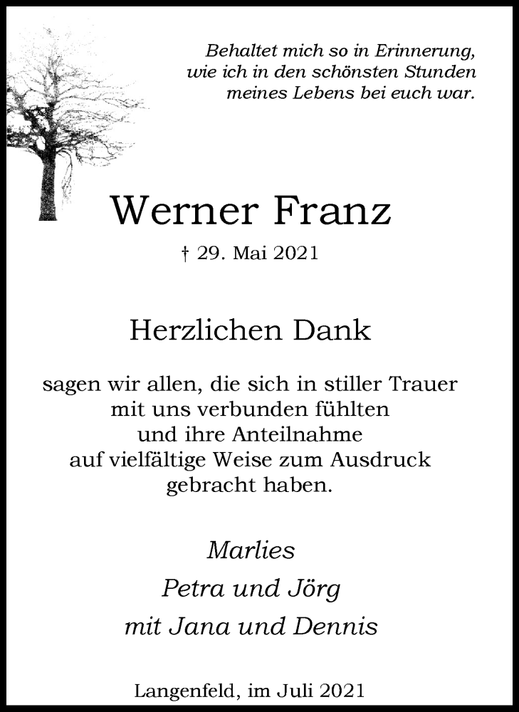  Traueranzeige für Werner Franz vom 10.07.2021 aus WVW Anzeigenblätter