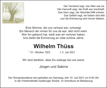 Traueranzeige von Wilhelm Thüss von WVW Anzeigenblätter