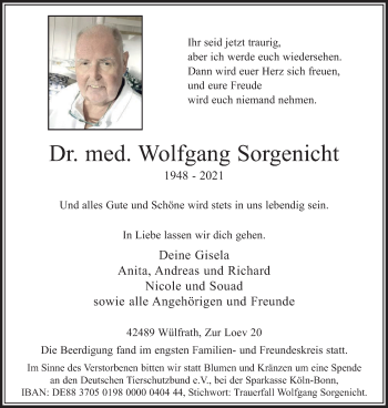 Traueranzeige von Wolfgang Sorgenicht von WVW Anzeigenblätter