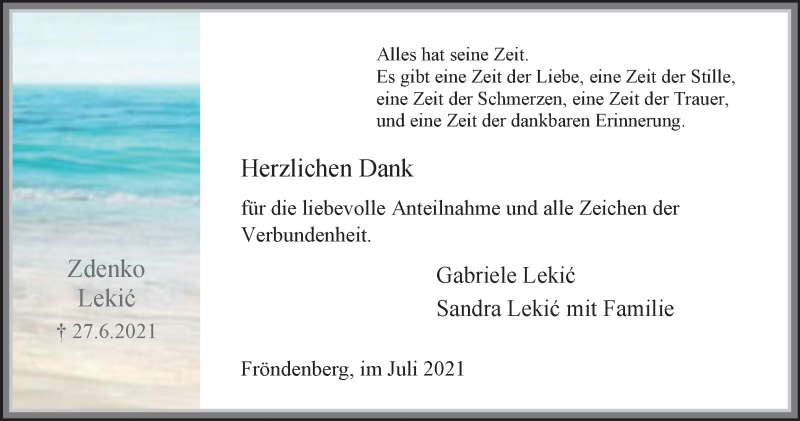  Traueranzeige für Zdenko Lekic vom 24.07.2021 aus WVW Anzeigenblätter