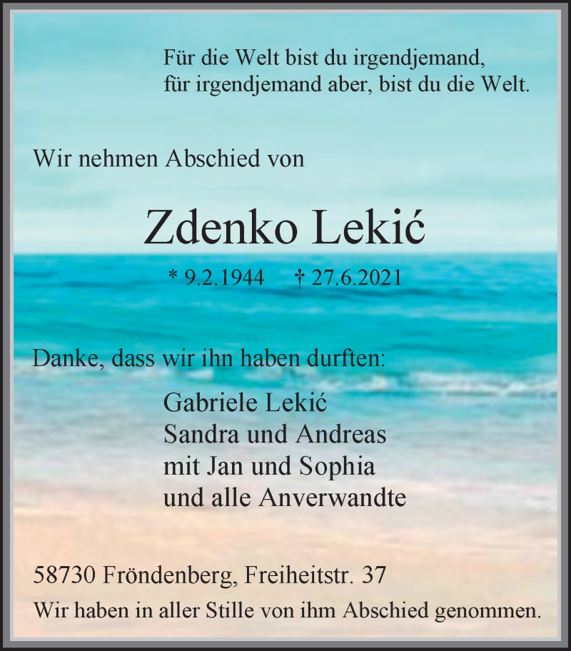  Traueranzeige für Zdenko Lekic vom 03.07.2021 aus WVW Anzeigenblätter