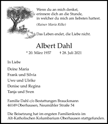 Traueranzeige von Albert Dahl von WVW Anzeigenblätter