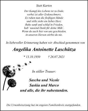 Traueranzeige von Angelika Antoinette Laschütza von WVW Anzeigenblätter