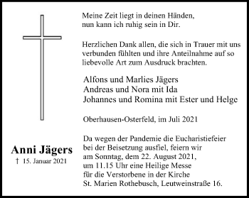 Traueranzeige von Anni Jägers von WVW Anzeigenblätter