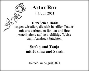 Traueranzeige von Artur Rux von WVW Anzeigenblätter