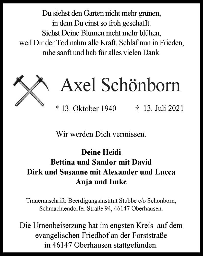  Traueranzeige für Axel Schönborn vom 11.08.2021 aus WVW Anzeigenblätter