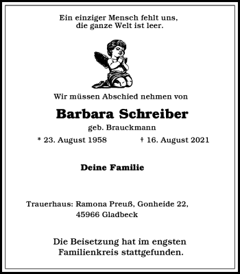 Traueranzeige von Barbara Schreiber von WVW Anzeigenblätter