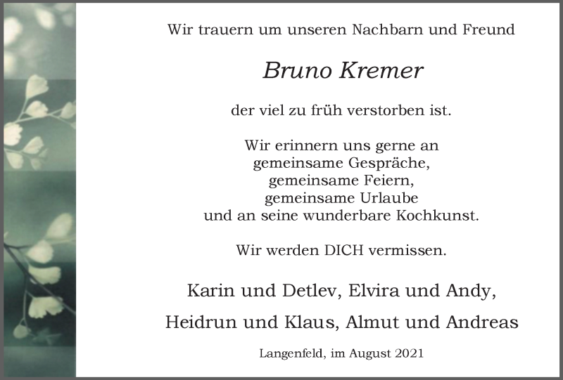  Traueranzeige für Bruno Kremer vom 07.08.2021 aus WVW Anzeigenblätter